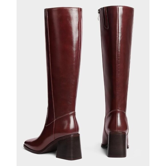 Women Maroon Polyurethane Knee High Square Toe Side Zipper Block Heel Tall Boots - Picture 7 of 9